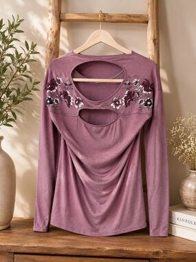 Maurices Mauve Embroidered Cutout Long Sleeve Tee